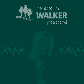 Green background with muted image of podcast microphone, sound waves, and wording