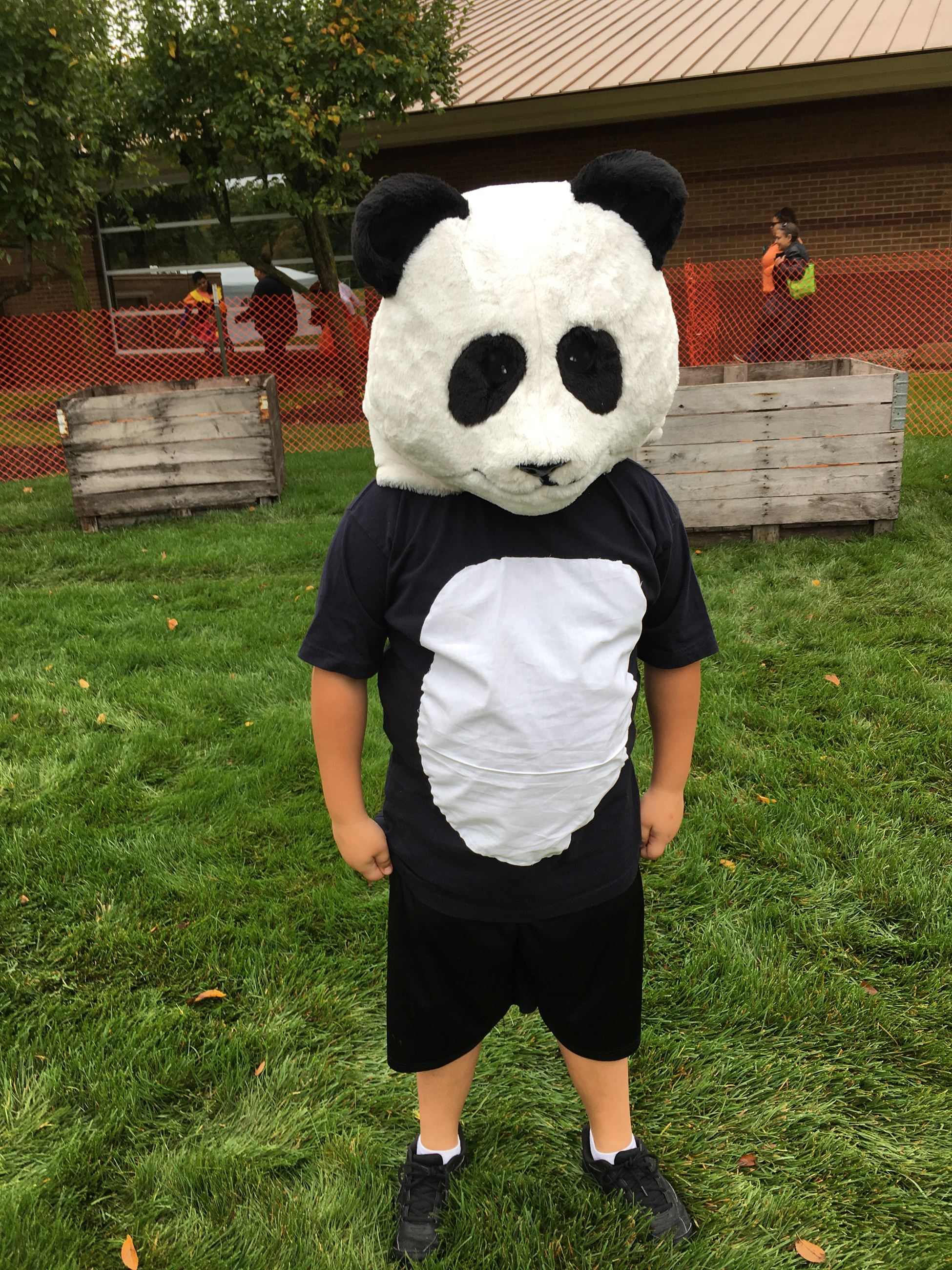 A teenager in a panda costume