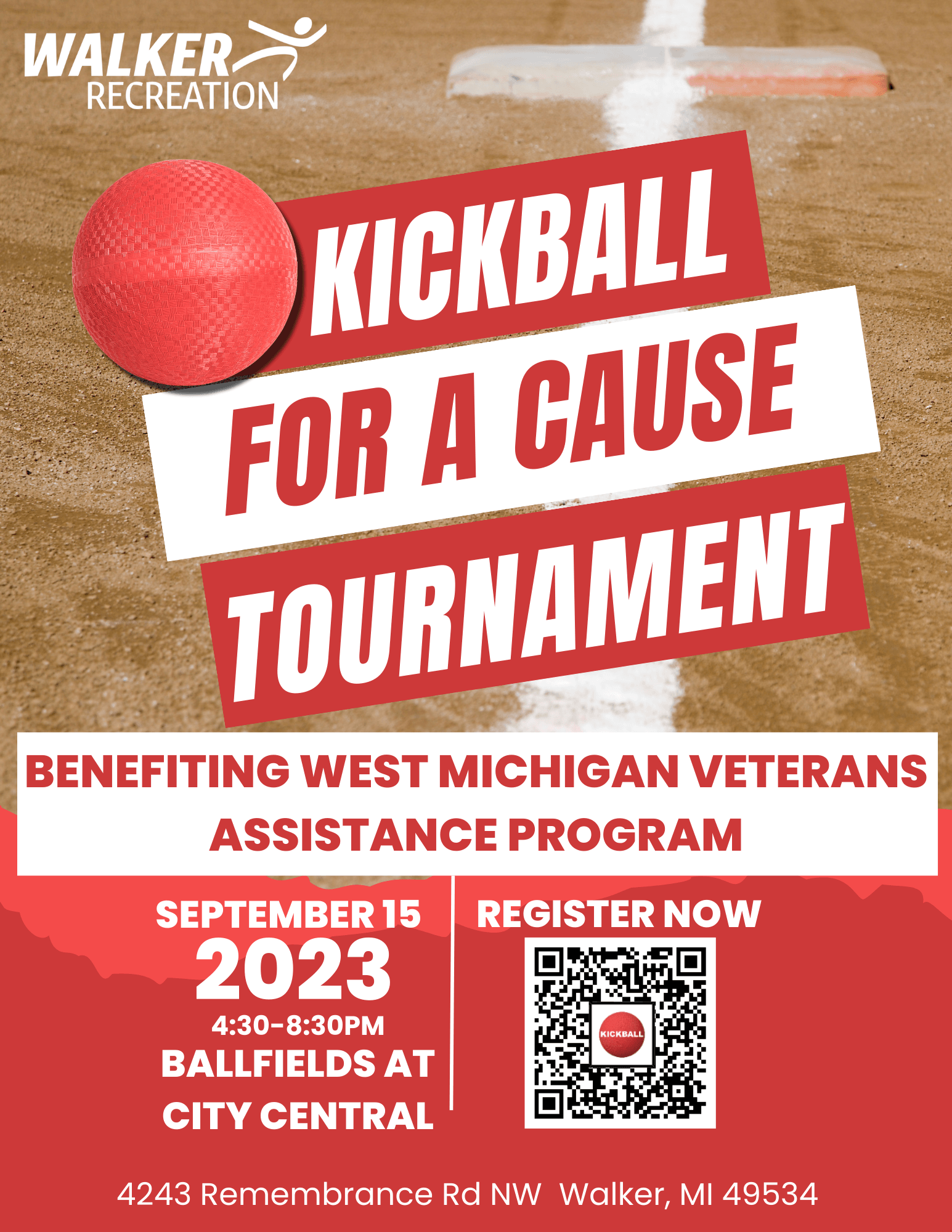 red background with kickball participant