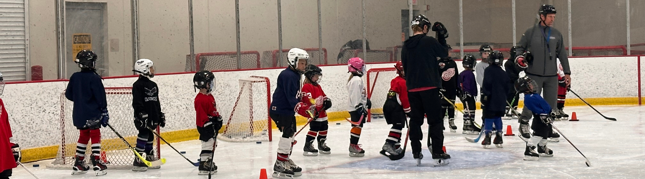 group of children in an ice hockey lesson